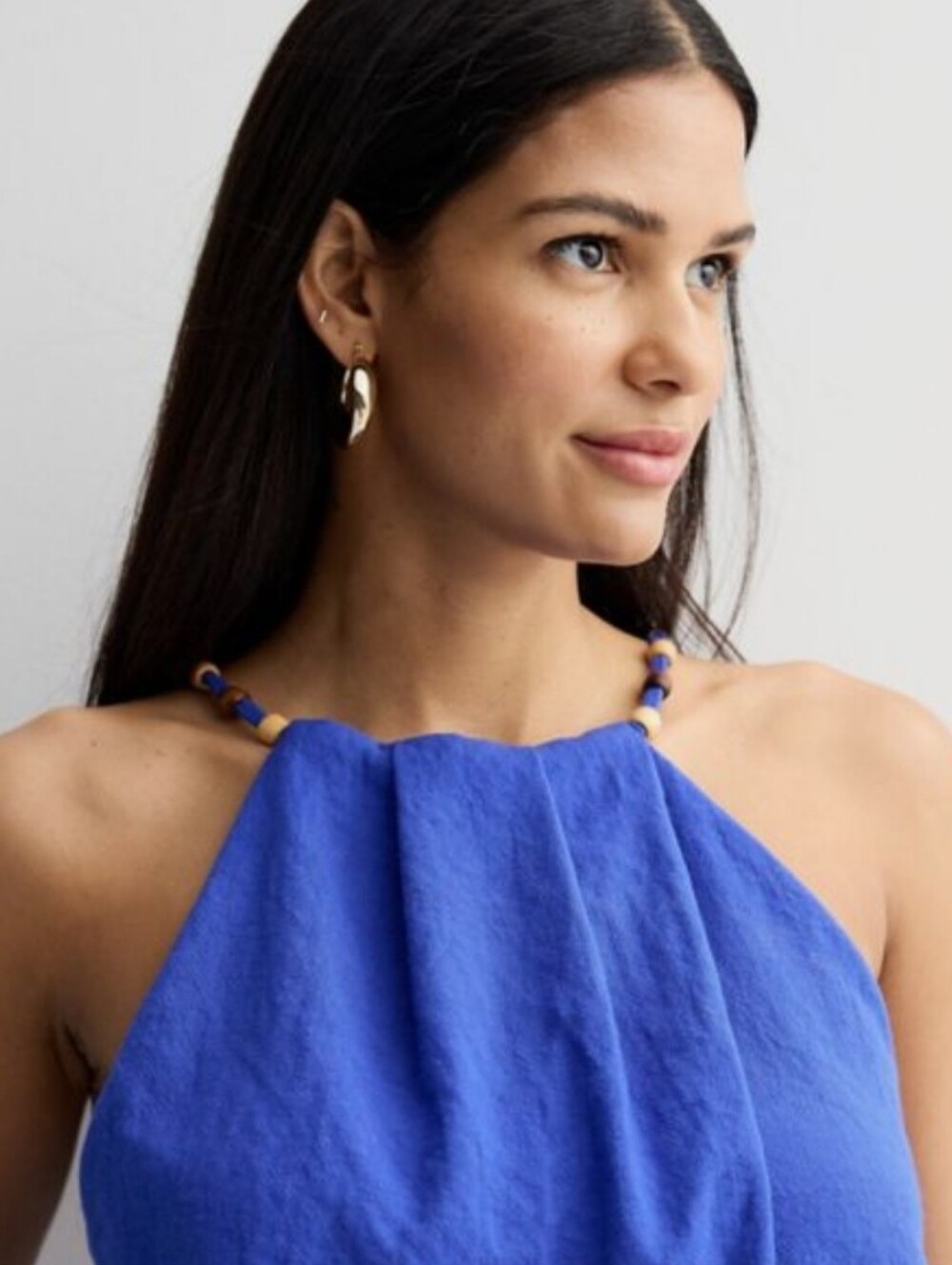 Dazzling Blue Halter Tank with Bead-Trim Tulip Hem Back Tie Neck